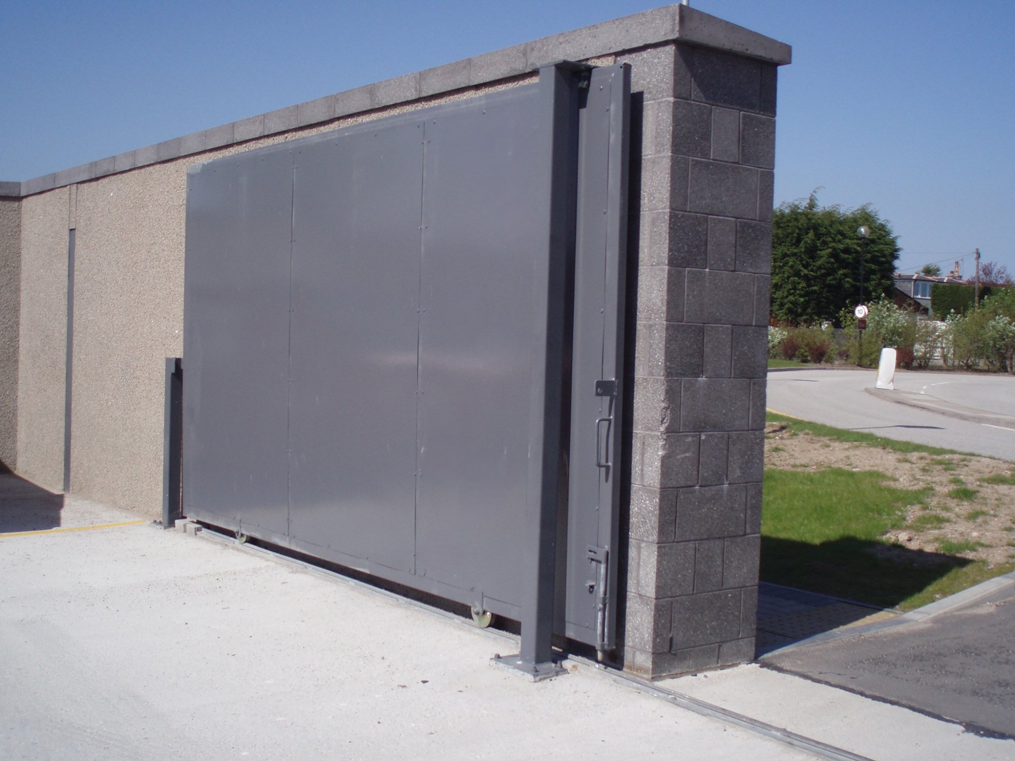 3.60m wide x 2.40m high single leaf gate clad with 3mm mild stel plate.
